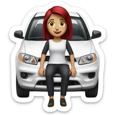 White car with a burgundy haired girl driving sticker