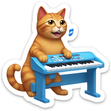 tan-red cat wearing a light-blue t-shirt and a blue base cap taps musical keyboard sticker