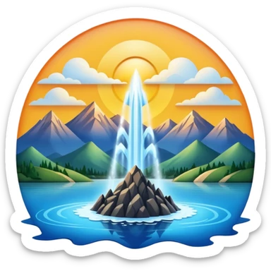 Please generate an image of a sunrise illuminating a lake with a huge water jet pointing only in one direction (upward and then down on one side) like that in the Geneva lake and some mountains in the background. sticker