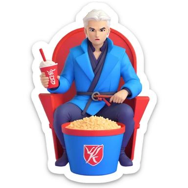 Vergil from Devil May Cry sitting in a KFC bucket, blue coat, white hair, katana sticker