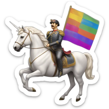 Hyperrealist Francisco franco ride a unicorn with a lgtbi flag sticker