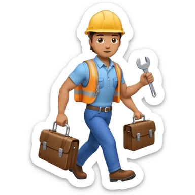 person wearing a hard hat or helmet, holding a wrench in one hand and a briefcase in the other, in a walking or running motion sticker