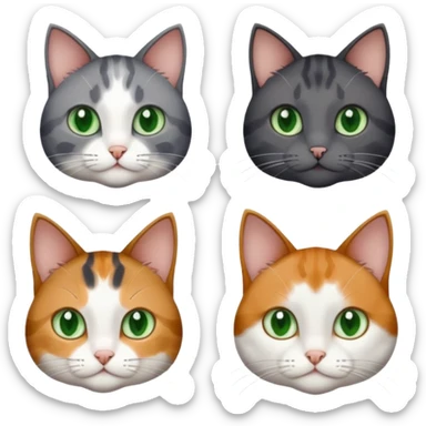 4 different coloured small cats including a dark grey and white, and a patchy calico, and a brown tabby and white,  and a completely solid dark grey with green eyes and only white paws sticker