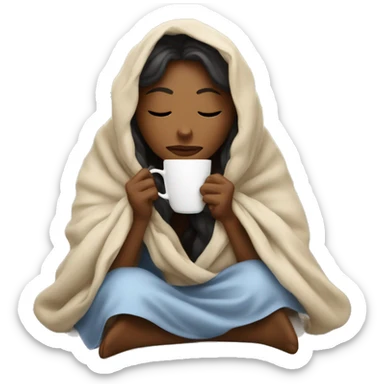 Blinde woman inside a blanket sipping coffee eyes closed sticker