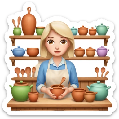 cartoon Apple iOS emoji style woman, pastel colors, Chilean wooden kitchen background, clay pots, warm light, detailed and clean vector art sticker