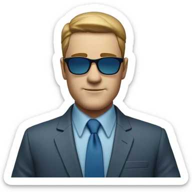 White Square face, sharp features, clean-shaven, and a confident, relaxed expression. Wears a blue shirt and tie with sunglasses, standing casually by the water, giving off a stylish and modern vibe. sticker