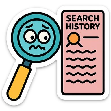 humorous icon of a magnifying glass looking at a long, embarrassing search history list sticker