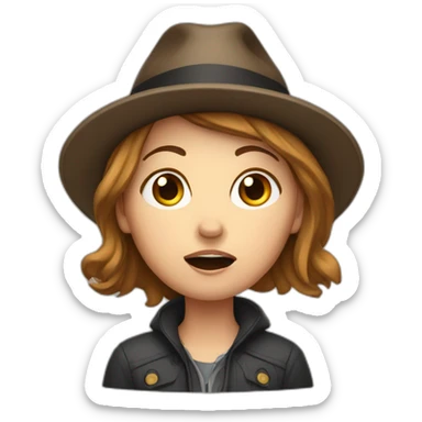 scared white woman brown hair with a hat sticker