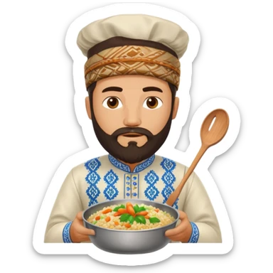 uzbek bearded man with national outfit cooking pilaf sticker