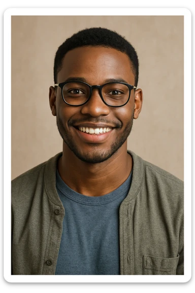 young African man with eye glasses, smiling, casual clothing sticker