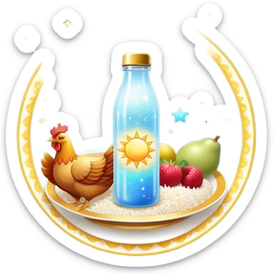 Magical fitness galaxy with ethereal glowing water bottle, celestial sun rays, enchanted floating chicken and rice plate, mystical sparkling gym equipment, luminous yogurt, twinkling fruit pieces, and dreamy moon and stars, all orbiting in perfect harmony within a cosmic starry circle sticker