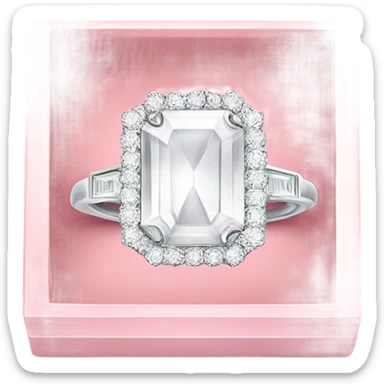 a luxurious all-white diamond ring in a light pink half open box, shown from a side view. Use bold outlines, a glossy finish sticker
