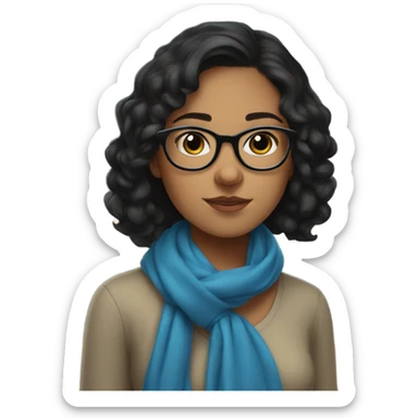 teenage girl wearing blue scarf, short wavy black hair, glasses, serious, books sticker