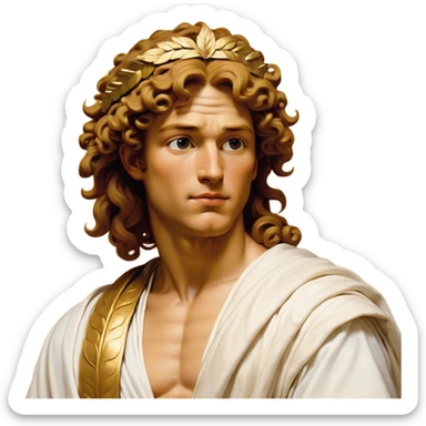 Cinematic Realistic Hercules Portrait, head tilted dramatically with an exaggeratedly amused expression, blending the fierce valor of the Hercules with the classic elegance of Michelangelo's David. His light tan skin and thick, curly, golden brown hair, rendered with meticulous classical detail, frame a face of heroic determination and playful charm. Clad in a gracefully draped white robe adorned with subtle golden embellishments and accented by a distinguished Greek laurel wreath, dynamic lighting accentuates both his formidable physical power and his approachable, spirited demeanor. sticker
