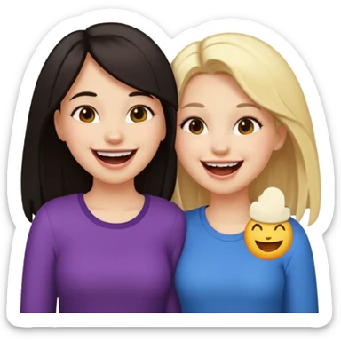 two girls laughing together, one with dark hair and one with blonde hair, best friends, emoji style sticker