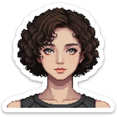 girl with short curly hair parted on the side, dark eyes and light makeup sticker