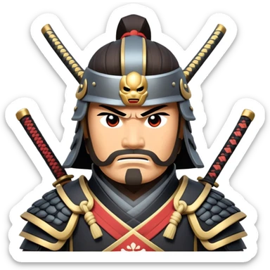 clash-of-clans-aesthetic_-cinematic-fearsome-and-majestic-samurai-bust-portrait-emoji, rendered in a flat, vector-style with minimal shading and bold, simplified shapes typical of emoji art, depicting a battle-hardened samurai with steely eyes and traditional black Japanese armor, riding a noble grey warhorse adorned with an intricately designed saddle and fluttering banners, against a backdrop of cherry blossoms and a rising sun. sticker