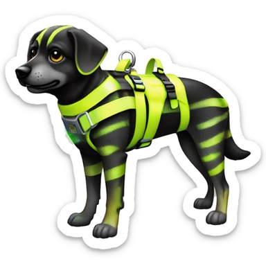 Neon Yellow and black striped caution dog covered in caution tape and holographic oilslick harness neon graffiti  sticker