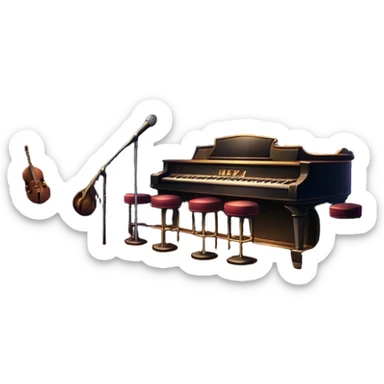 jazz nightclub with stage, microphone, and city lights sticker