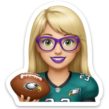 long blonde hair with bangs black rectangle glasses female green eyes football player wearing eagles uniform jersey number 33 holding football smiling purple lipstick sticker