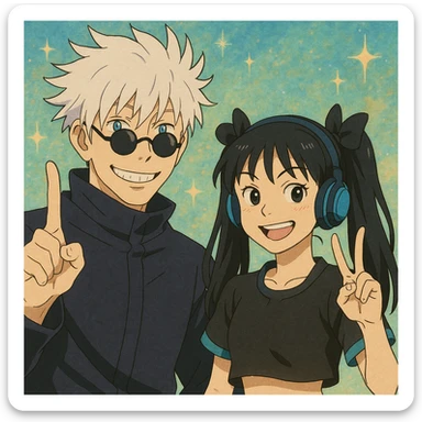 Gojo Satoru and his female protégé posing together, both flashing peace signs and mischievous smiles, Gojo with icy-blue eyes and round black shades, protégé with long black hair in twin bows, cropped black top with cyan accents, blue headphones, energetic sparkly background, in ghibli style sticker