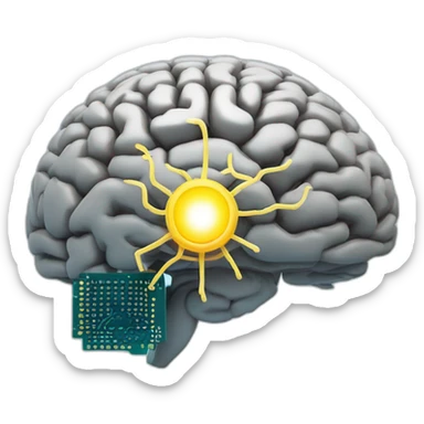 Brain with glowing neurons and computer chip on top sticker