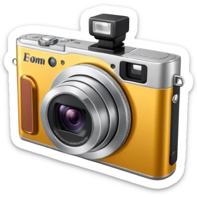 compact silver digital camera with a circular extended lens, metallic finish, small built-in flash and minimal buttons. from a slight 45 degree angle sticker