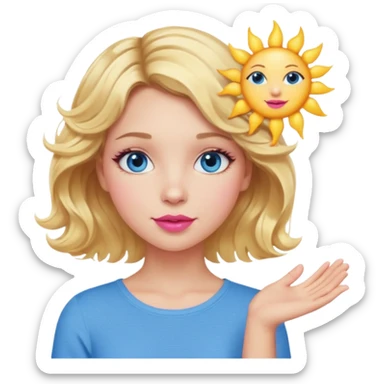 Girl Blonde short wavy hair,  blue eyes, cute blue top, long lashes, pink lips, holding the one sun   sticker