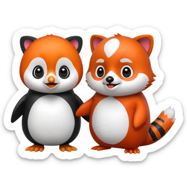 A cartoon  cute cartoon penguin. Next to it is a cartoon red panda holding its flipper  sticker