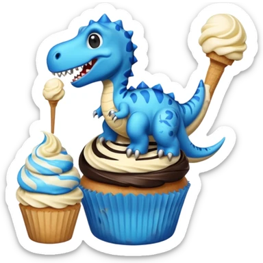 A cupcake having blue and black icing and a dinosaur as a decoration and ice cream next to it sticker