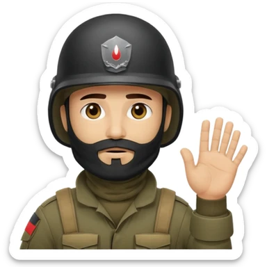 
surrenders, depicts an Iraqi soldier from 1980, with a beard, in a helmet, there are no signs on the helmet, with a balaclava, with sad eyes and raised hands sticker