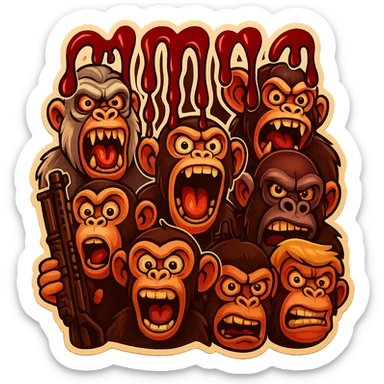 Make the apes look even more psycho and unhinged, with wild eyes, crazed expressions, and exaggerated features. Keep the retro stickers style and the intense, chaotic vibe. sticker