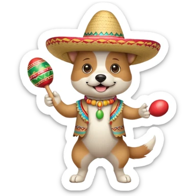 White and beige dog dancing with maracas and a sombrero with a mustache  sticker