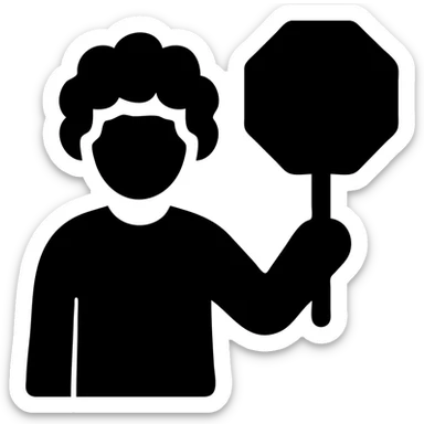 brunette person with curly hair holding a stop sign, solid filled icon sticker