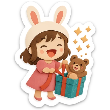 Regenerate this image for a cleaner, higher-quality look. Keep the girl in a beautiful design dress, bunny hat, magical glitter gift box, laughing teddy bear, full body, clean and polished, no imperfections sticker