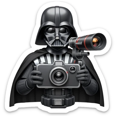 A cel-shaded illustration in the style of Borderlands, featuring Darth Vader holding a retro film camera instead of a lightsaber. Use bright, high contrast and bold outlines. No background, transparent. sticker