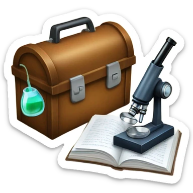 toolbox for scientist with a book, glasses, microscope sticker
