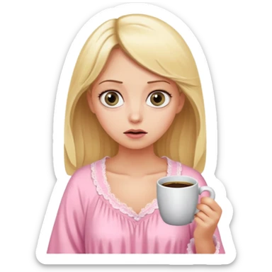 A blonde woman in a pink nightgown with wide eyes looks for coffee. sticker