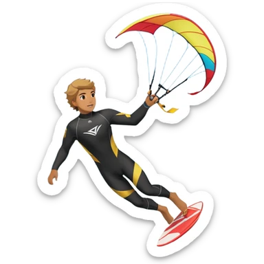 A kite surfer soaring above the waves, holding onto a kite with the wind in full force. The background showcases the ocean and sky, emphasizing the freedom, thrill, and energy of the sport. The motion of the kite and board is dynamic, capturing the excitement of kiting. sticker