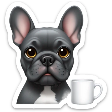 dark grey french bulldog holding a mug sticker