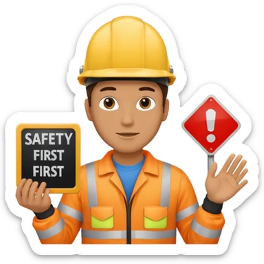 a guy wearing safety outfit with helmet holding a panel written on it SAFETY FIRST sticker