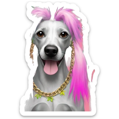 Punk tropical palm leaves flowers Chinese crested dog neon rainbow cyan green pink hair gold chain punk piercings tattoos punk ear piercings sticker