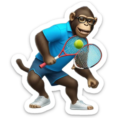ape playing tennis in blue shirt with glasses sticker