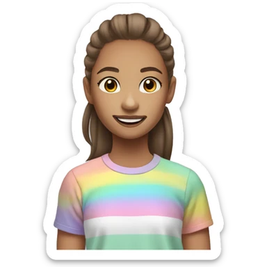 Teen girl with mint colored braces brown medium length hair in a ponytail and a pastel rainbow t shirt sticker