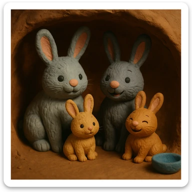 rabbit family in a burrow, cozy and cheerful, detailed fur, claymation style sticker
