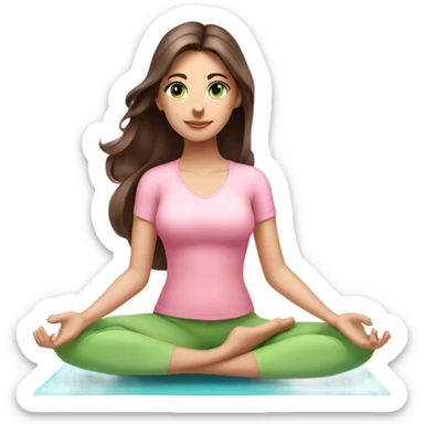 Brunette long hair and green eyes yoga beautiful girl in light pink pink pink clothes sitting on a yoga mat sticker