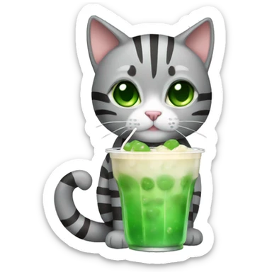 A striped grey cat with green eyes drinking boba sticker
