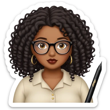 girl, brown skin, pretty, lipliner, eyeliner, eyelashes, plus size, brown eyes, LONG black curly hair, glasses sticker
