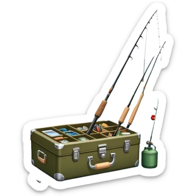 Icon for Fishing: a boat on the shore of a peaceful water body with a beautiful natural landscape, a fishing tackle box, a spinning rod. The icon should capture the tranquility and gear of a fishing adventure. Without frame. Transparent background. sticker