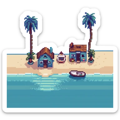 small cozy house by the sea in a coastal village, pixel art emoji style, 32x32, bright colors, blue ocean, sandy shore, a few palm trees or boats in the background sticker